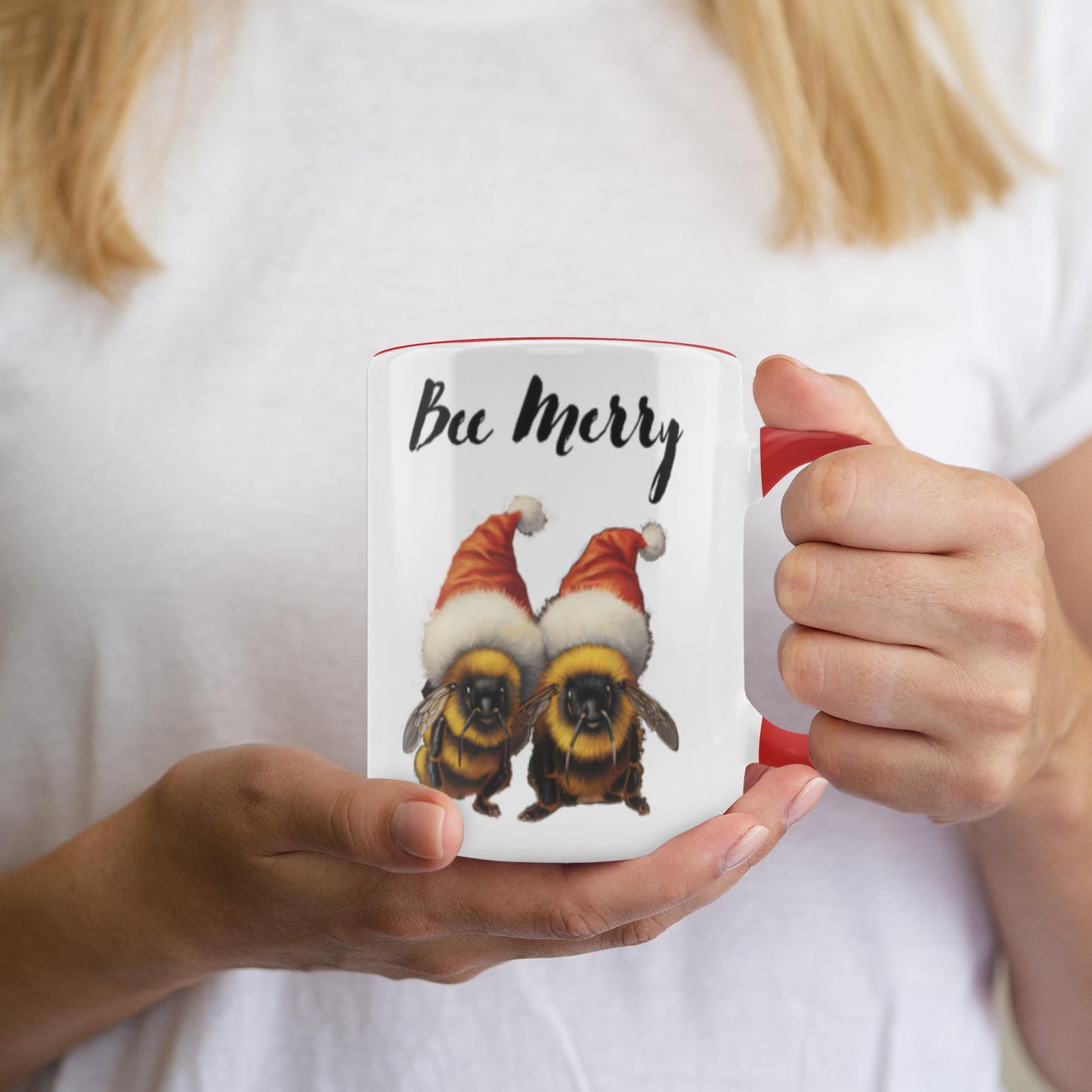 Bee Merry Accent Mug 11 oz White with Red Accents Coffee & Tea Cups gifts holiday store