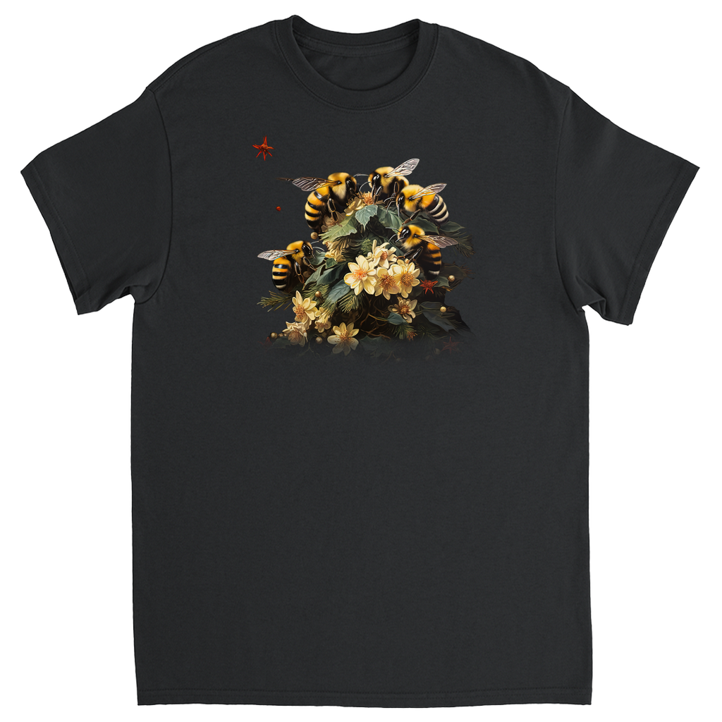 Bees on Christmas Flowers Dark Adult Unisex T-Shirts Black Shirts & Tops holiday store