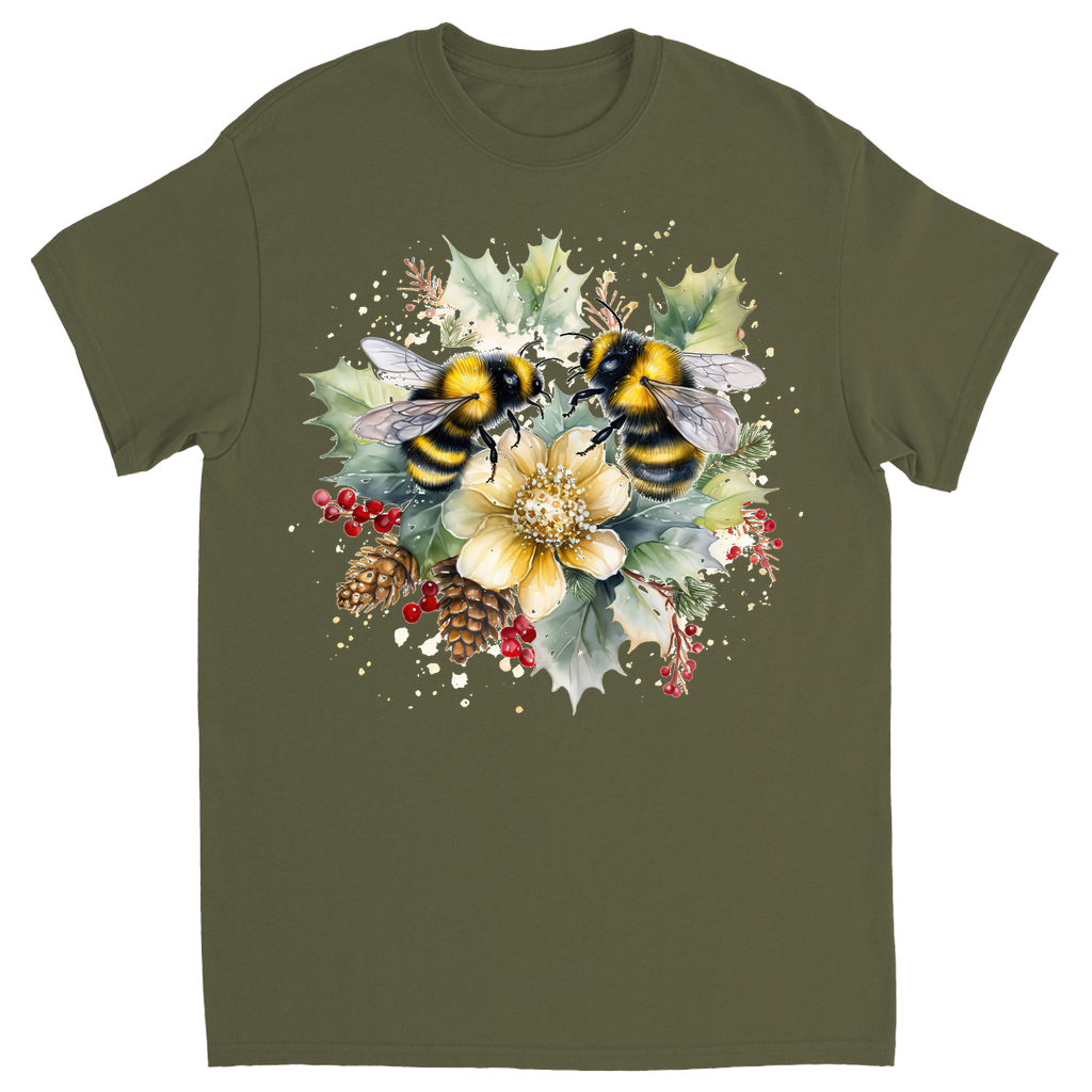 Bees on Christmas Holly Unisex Adult T-Shirts Military Green holiday store