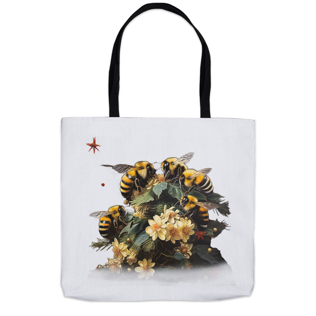 Bees on Christmas Flowers Tote Bag 18x18 inch Shopping Totes bee tote bag gift for bee lover gifts holiday store original art tote bag totes zero waste bag