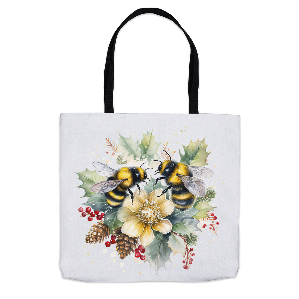 Bees on Christmas Holly Tote Bag 16x16 inch Shopping Totes bee tote bag gift for bee lover gifts holiday store original art tote bag totes zero waste bag