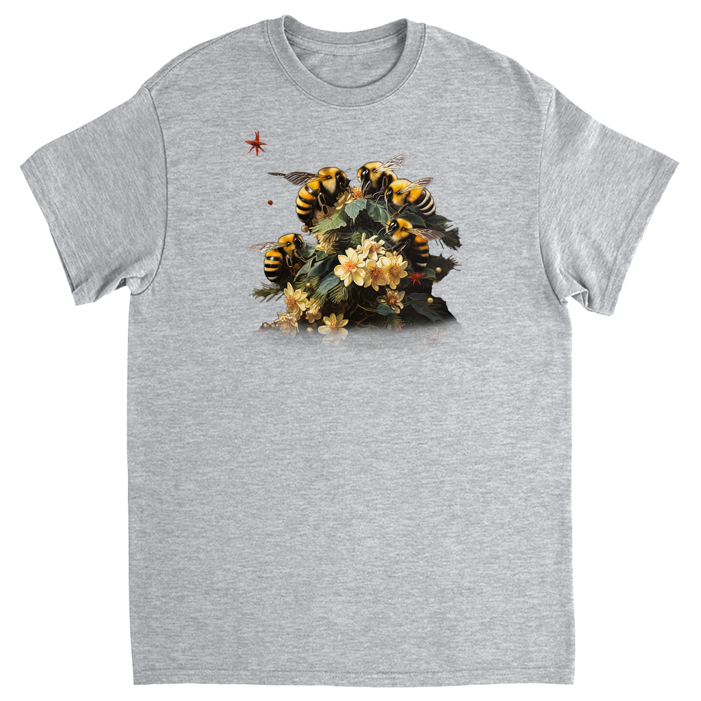 Bees on Christmas Flowers Dark Adult Unisex T-Shirts Sport Grey Shirts & Tops holiday store