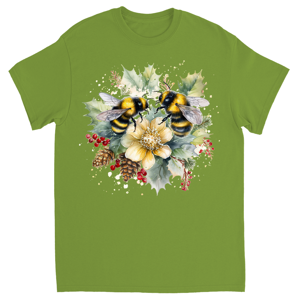 Bees on Christmas Holly Unisex Adult T-Shirts Kiwi holiday store