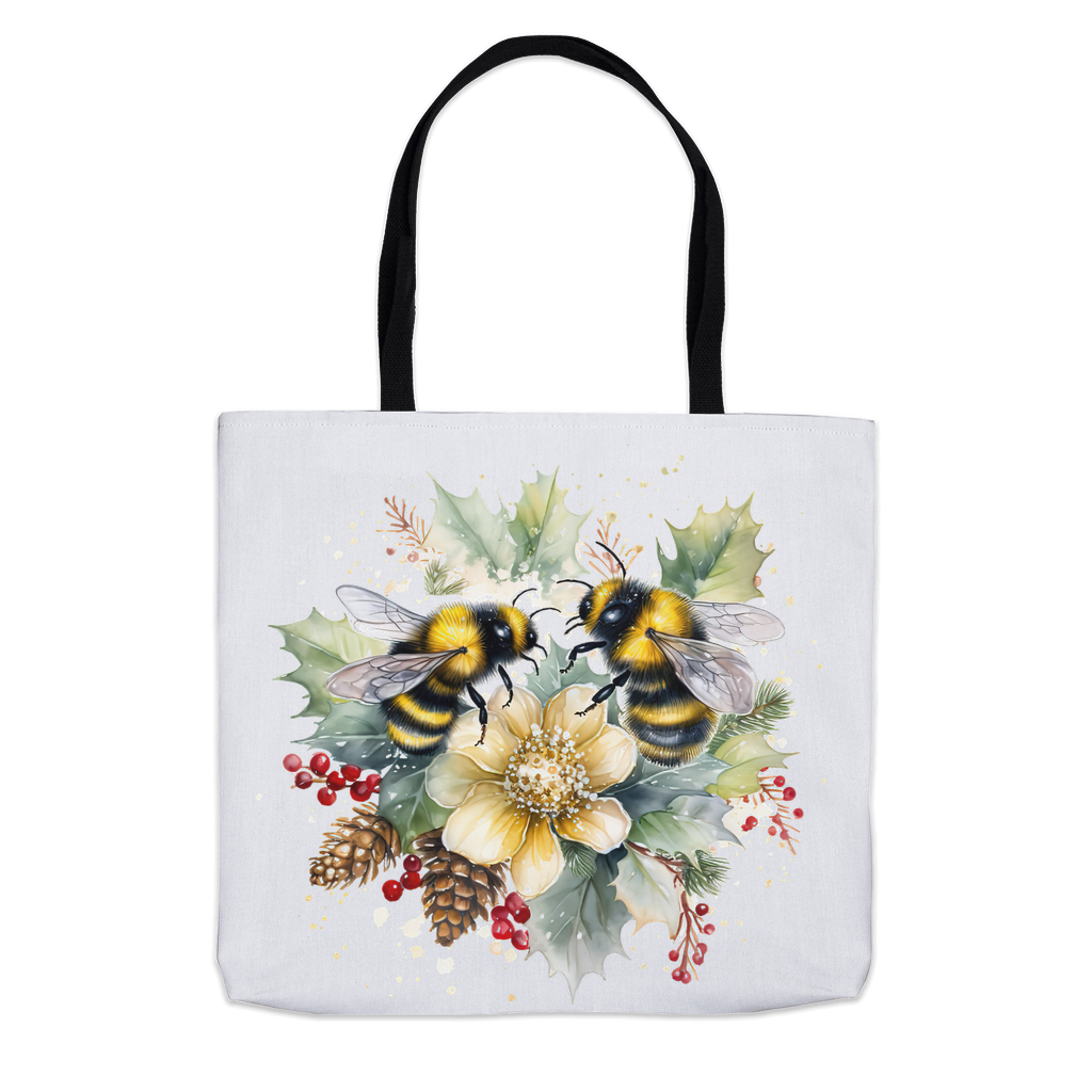 Bees on Christmas Holly Tote Bag 13x13 inch Shopping Totes bee tote bag gift for bee lover gifts holiday store original art tote bag totes zero waste bag