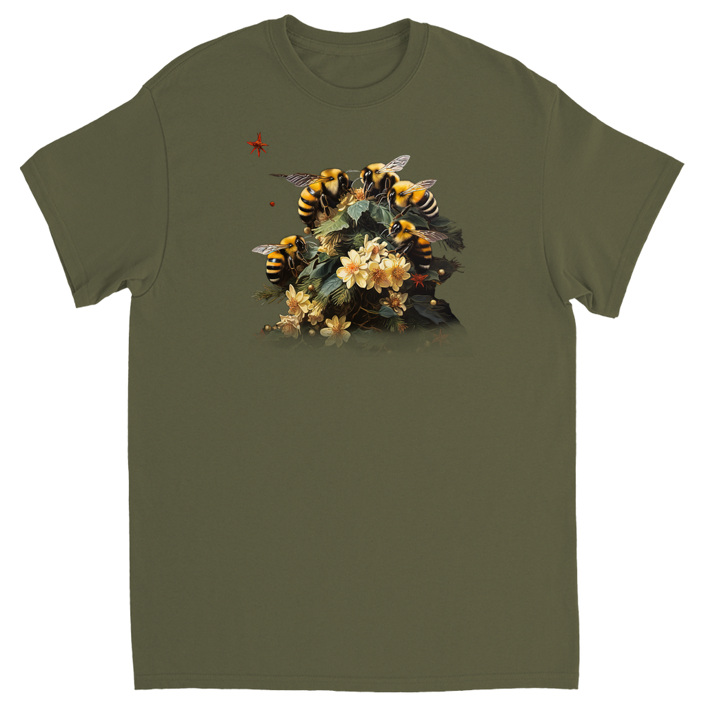 Bees on Christmas Flowers Dark Adult Unisex T-Shirts Military Green Shirts & Tops holiday store