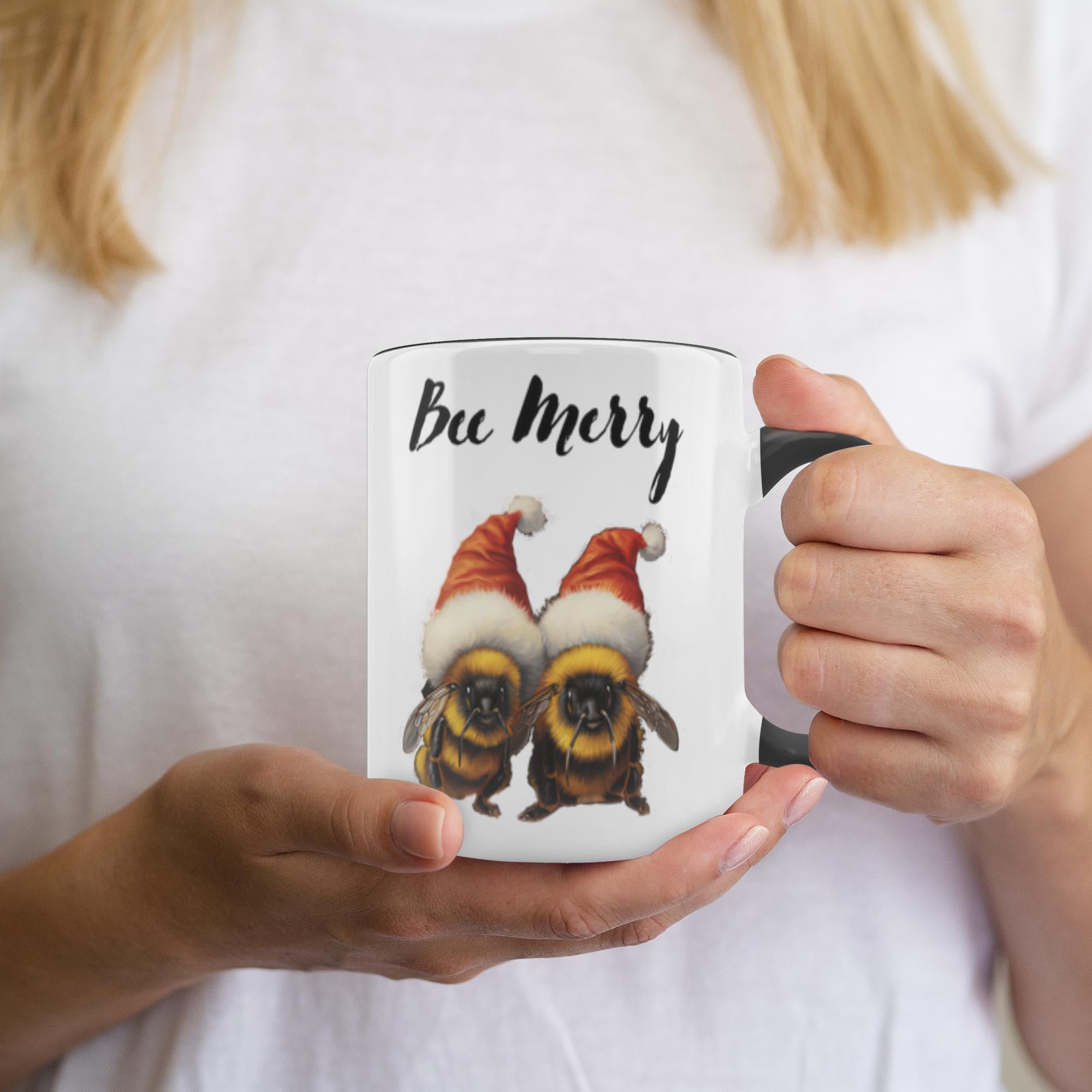 Bee Merry Accent Mug 11 oz White with Black Accents Coffee & Tea Cups gifts holiday store