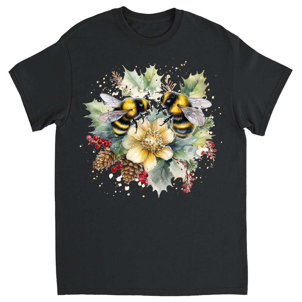 Bees on Christmas Holly Unisex Adult T-Shirts Black holiday store