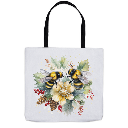 Bees on Christmas Holly Tote Bag 18x18 inch Shopping Totes bee tote bag gift for bee lover gifts holiday store original art tote bag totes zero waste bag