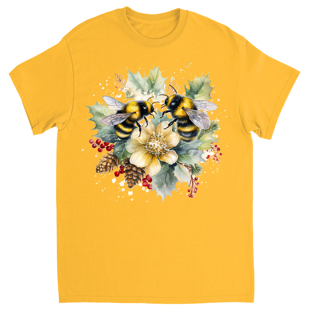 Bees on Christmas Holly Unisex Adult T-Shirts Gold holiday store