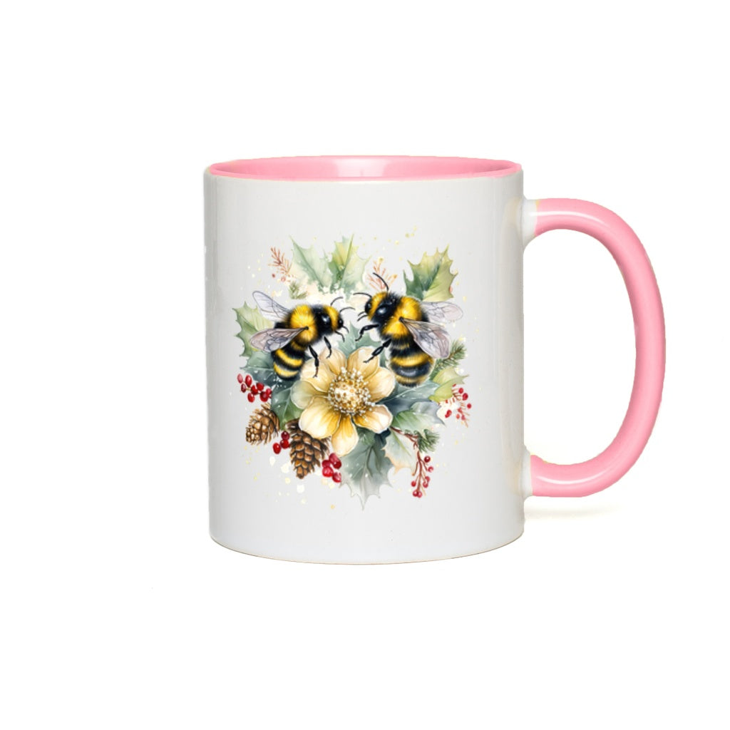Bees On Christmas Holly 11 oz. Accent Mug 11 oz White with Pink Accents Coffee & Tea Cups gifts holiday store