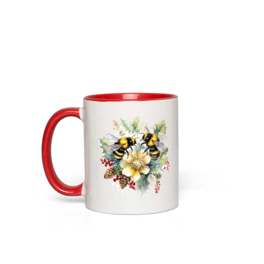 Bees On Christmas Holly 11 oz. Accent Mug 11 oz White with Red Accents Coffee & Tea Cups gifts holiday store