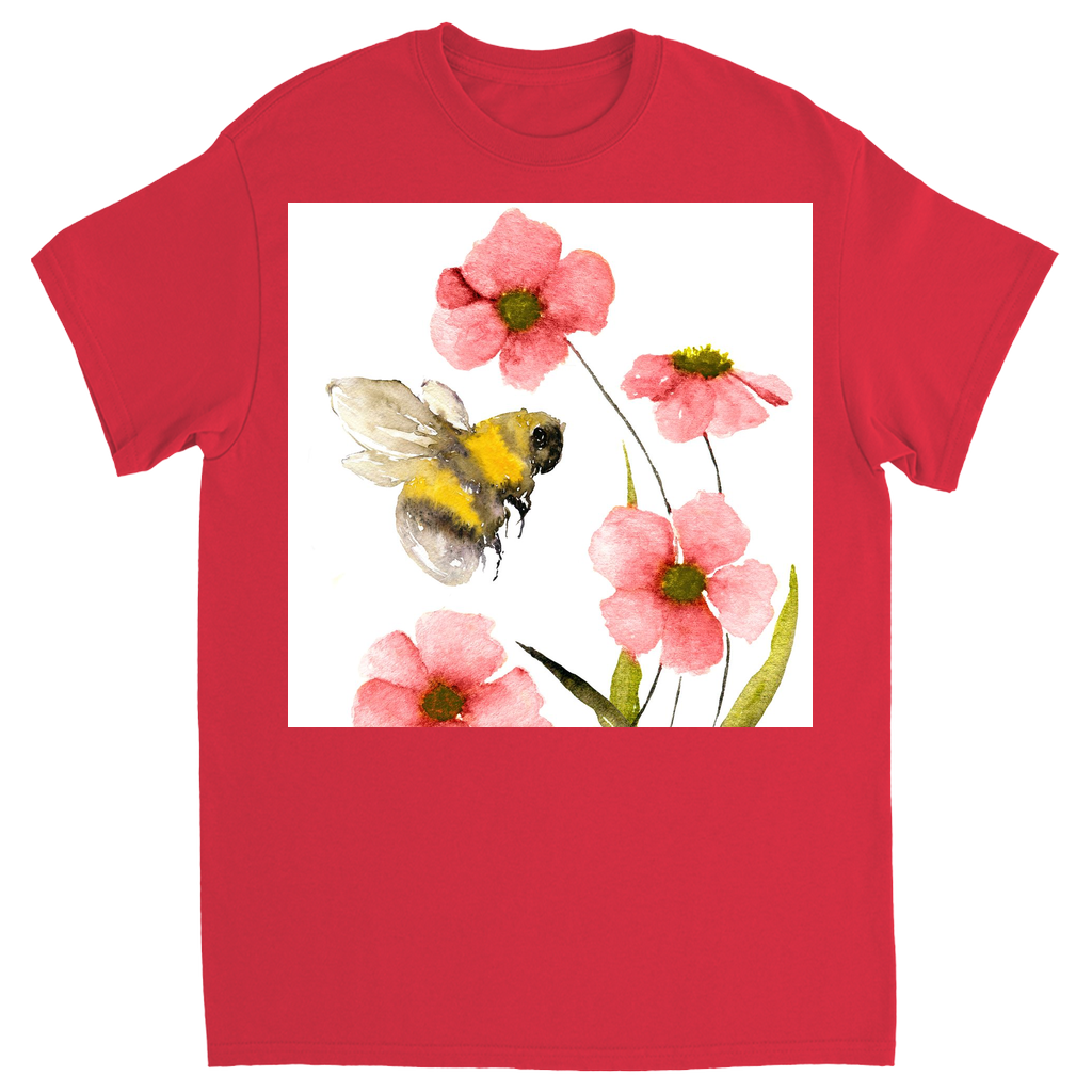 Classic Watercolor Bee with Pink Flowers Unisex Adult T-Shirt Red Shirts & Tops apparel