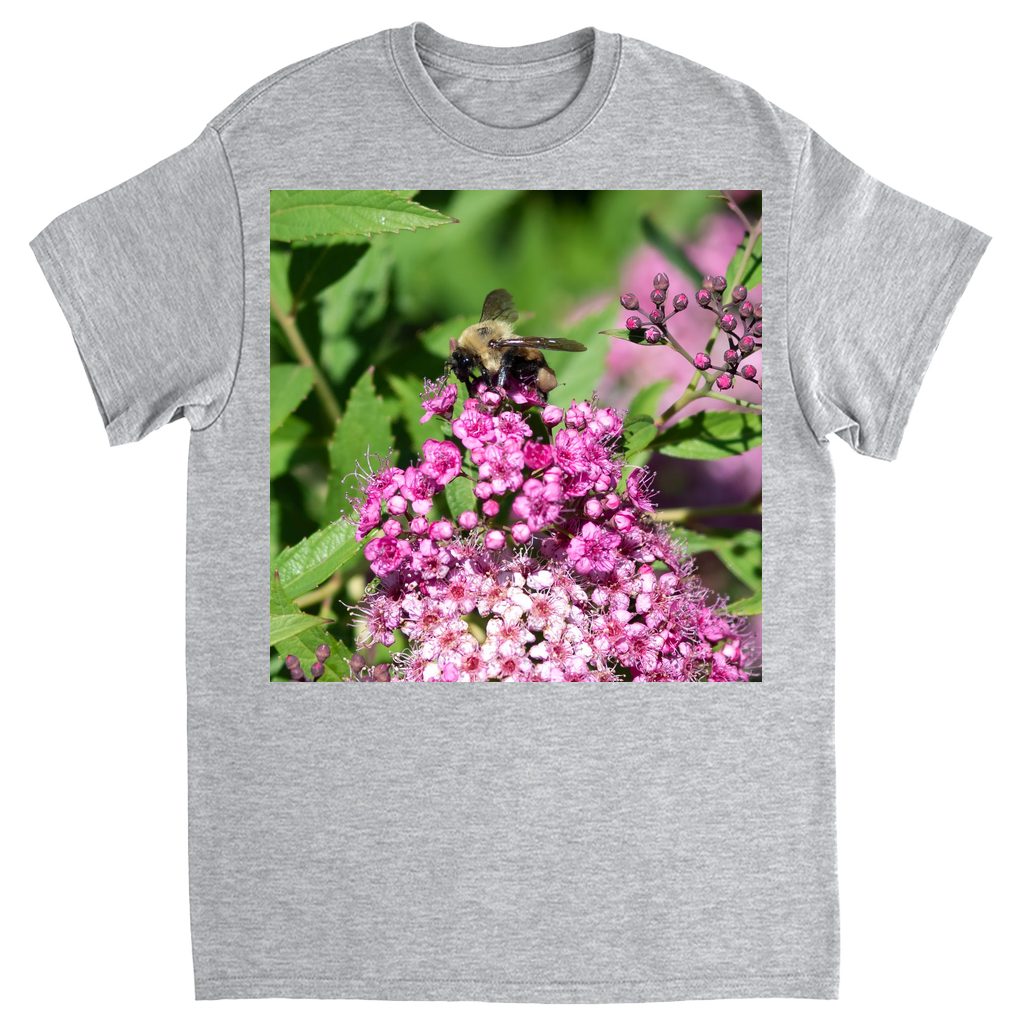 Bumble Bee on a Mound of Pink Flowers Unisex Adult T-Shirt Sport Grey Shirts & Tops apparel