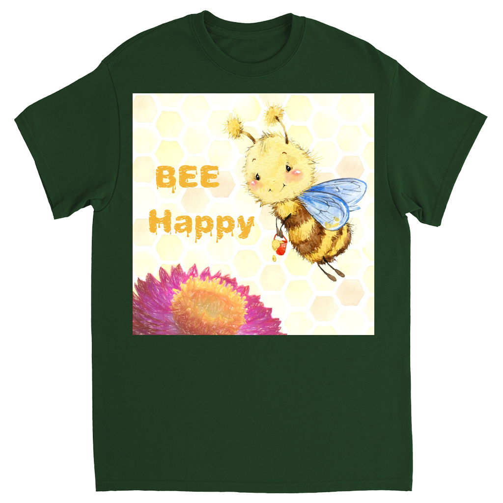 Pastel Bee Happy Unisex Adult T-Shirt Forest Green Shirts & Tops apparel