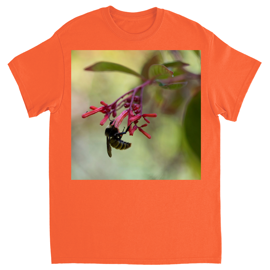 Bee Hanging on Red Flowers Unisex Adult T-Shirt Orange Shirts & Tops apparel Bee Hanging on Red Flowers