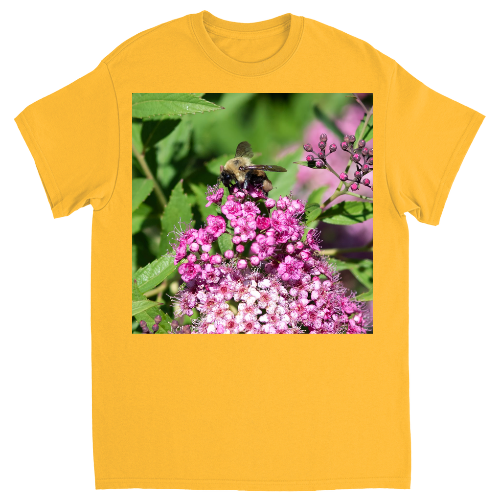Bumble Bee on a Mound of Pink Flowers Unisex Adult T-Shirt Gold Shirts & Tops apparel