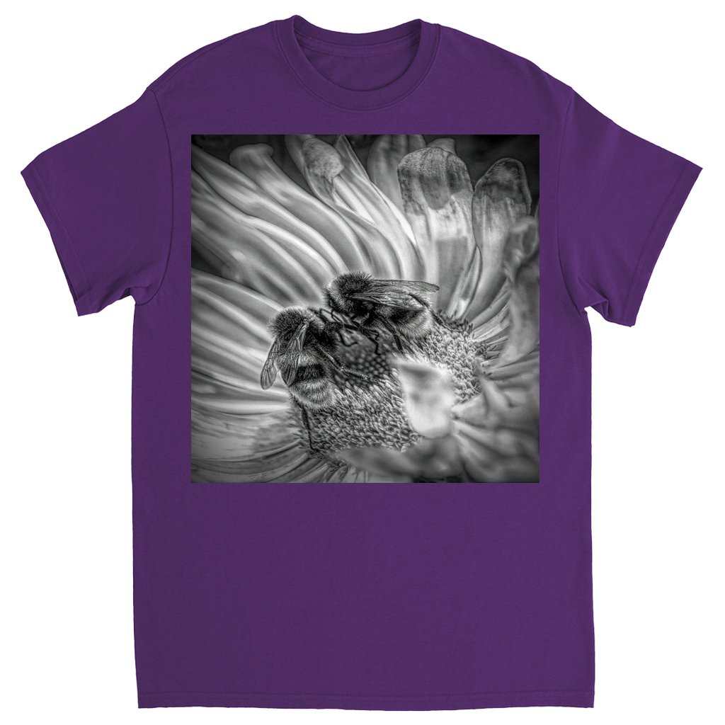 Black and White Bees on Flower Unisex Adult T-Shirt Purple Shirts & Tops apparel