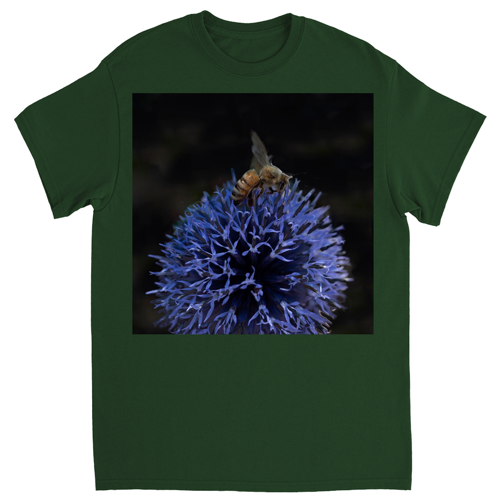 Bee on a Purple Ball Flower Unisex Adult T-Shirt Forest Green Shirts & Tops apparel