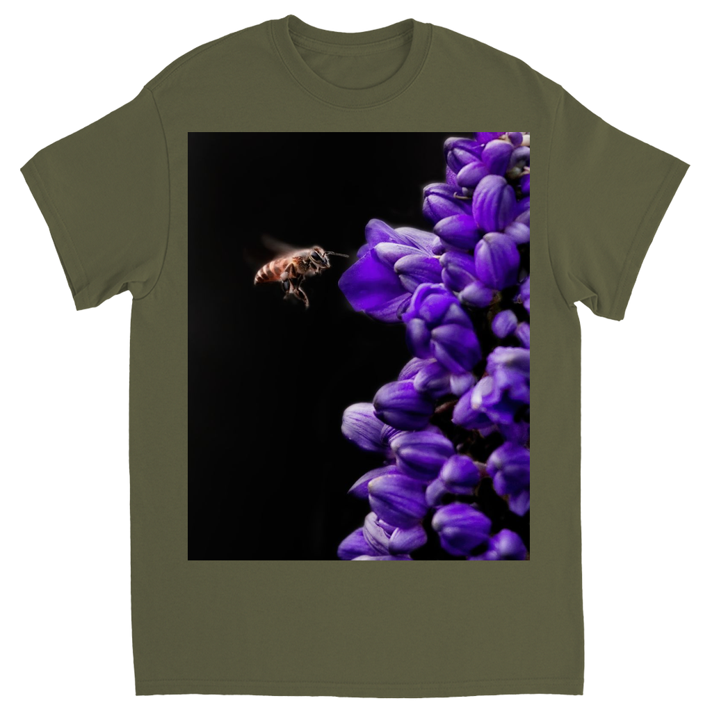 Buzzing Bee with Purple Flower Unisex Adult T-Shirt Military Green Shirts & Tops apparel Buzzing Bee with Purple Flower