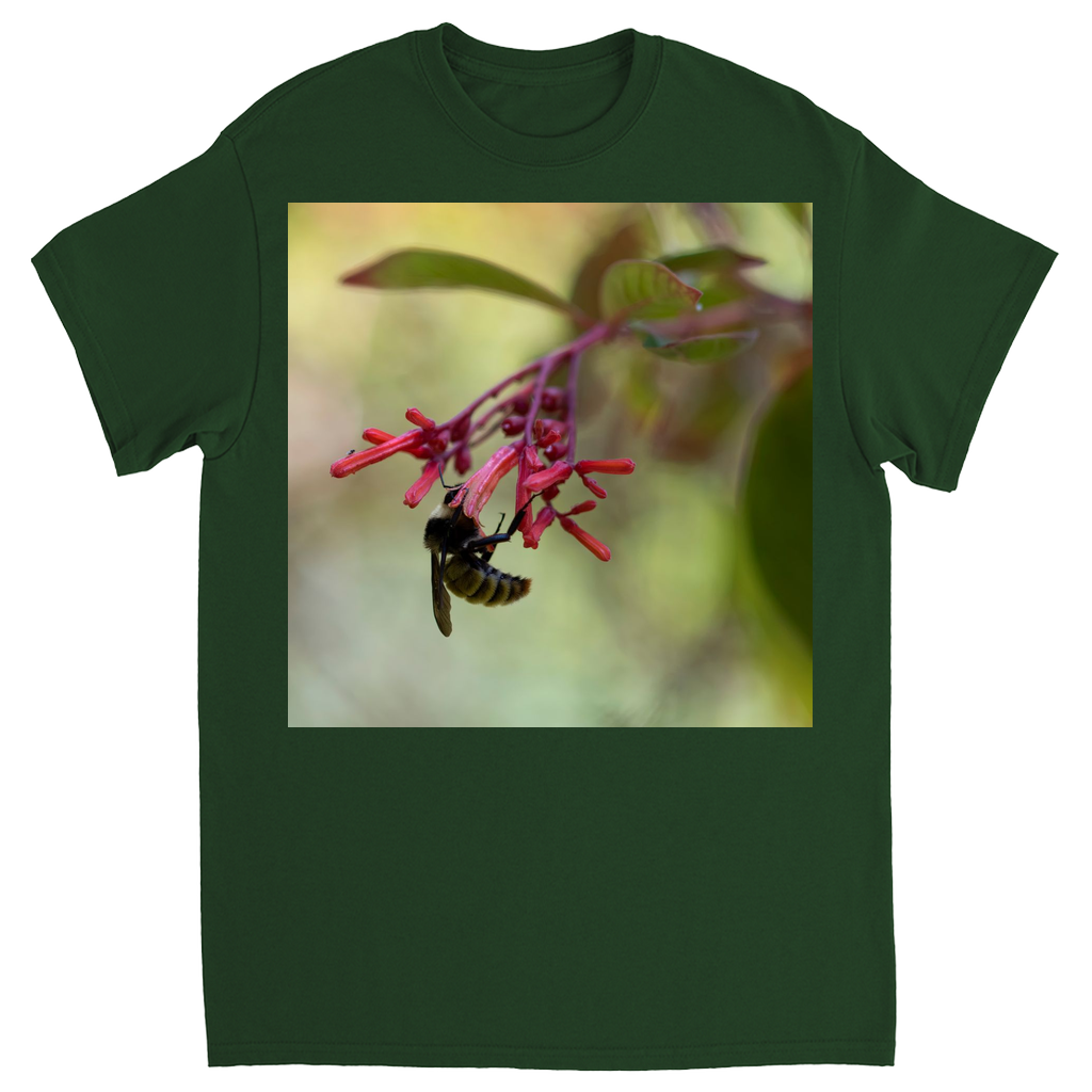 Bee Hanging on Red Flowers Unisex Adult T-Shirt Forest Green Shirts & Tops apparel Bee Hanging on Red Flowers