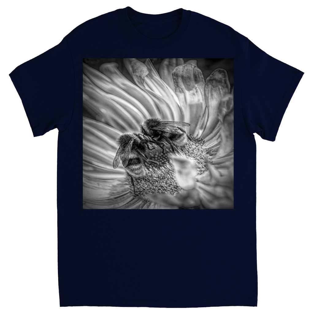 Black and White Bees on Flower Unisex Adult T-Shirt Navy Blue Shirts & Tops apparel