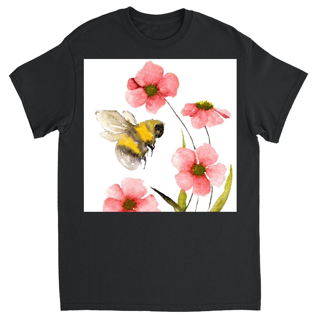 Classic Watercolor Bee with Pink Flowers Unisex Adult T-Shirt Black Shirts & Tops apparel