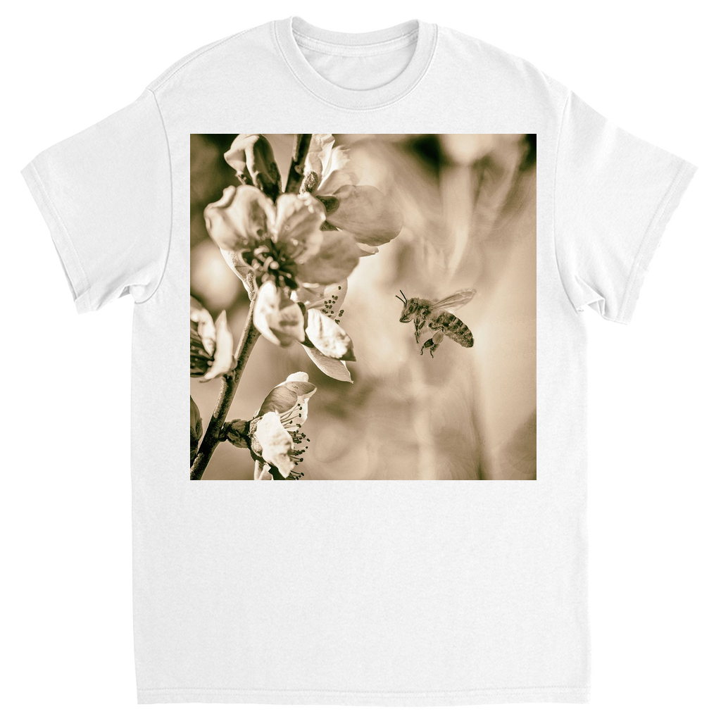 Sepia Bee with Flower Unisex Adult T-Shirt White Shirts & Tops apparel