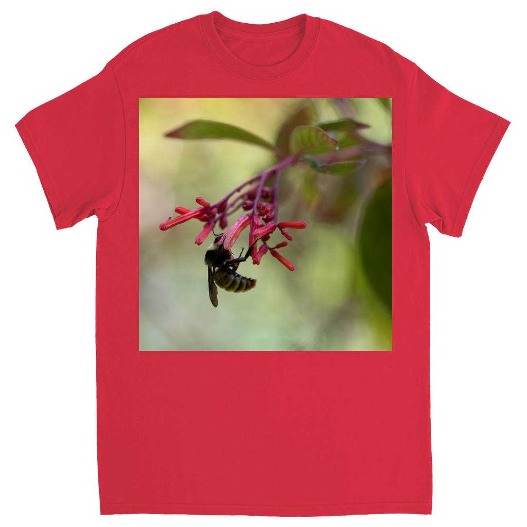 Bee Hanging on Red Flowers Unisex Adult T-Shirt Red Shirts & Tops apparel Bee Hanging on Red Flowers