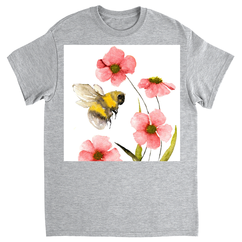 Classic Watercolor Bee with Pink Flowers Unisex Adult T-Shirt Sport Grey Shirts & Tops apparel