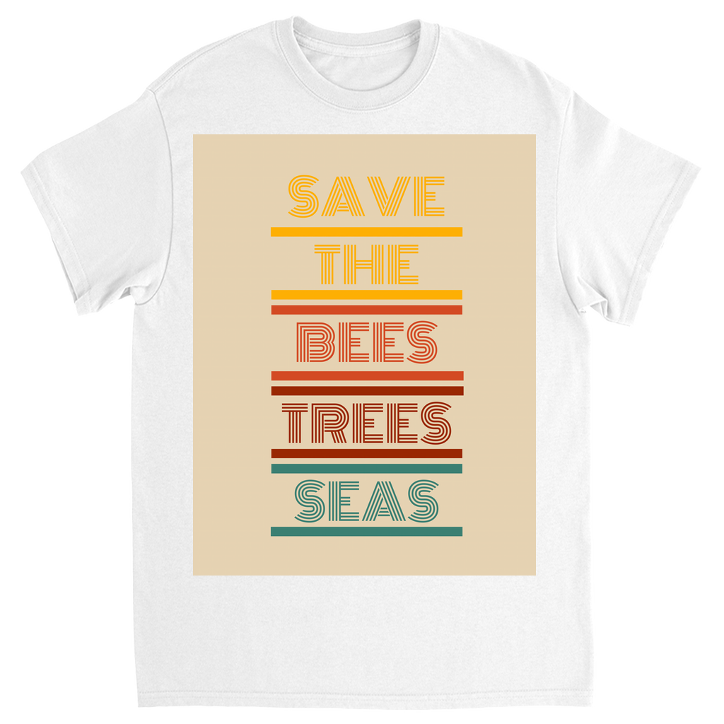 Vintage 70s Tan Save the Bees Trees Seas Unisex Adult T-Shirt White Shirts & Tops