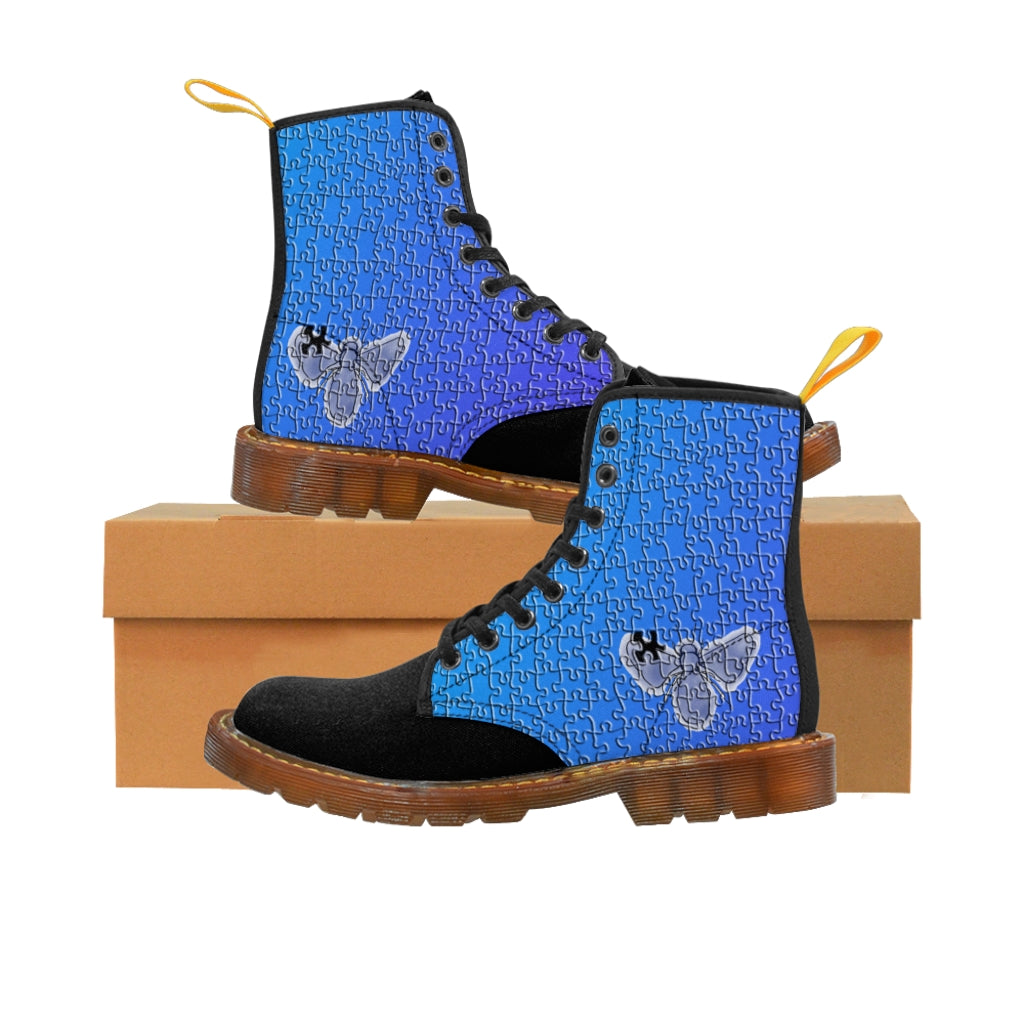 Blue Bee Puzzle Women's Canvas Boots Brown Shoes Bee boots Blue boots Puzzle boots Shoes unique womens boots vegan boots vegan combat boots womens boots womens fashion boots