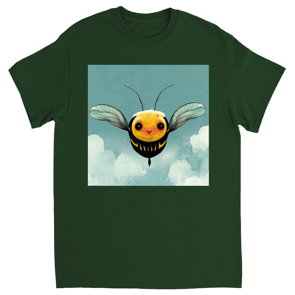 Happy Blue Cartoon Bee Unisex Adult T-Shirt Forest Green Shirts & Tops apparel Happy Blue Cartoon Bee