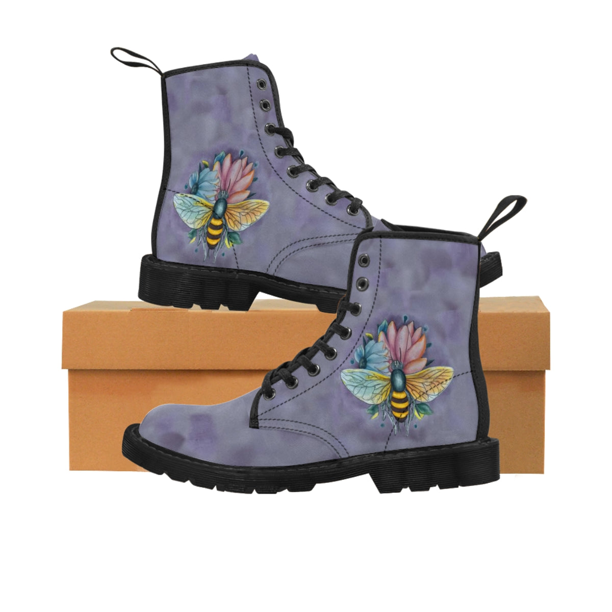 Pastel Dreams Bee Women's Canvas Boots Black Shoes Bee boots combat boots fun womens boots original art boots Pastel Dreams Bee Shoes unique womens boots vegan boots vegan combat boots womens boots womens fashion boots womens purple boots