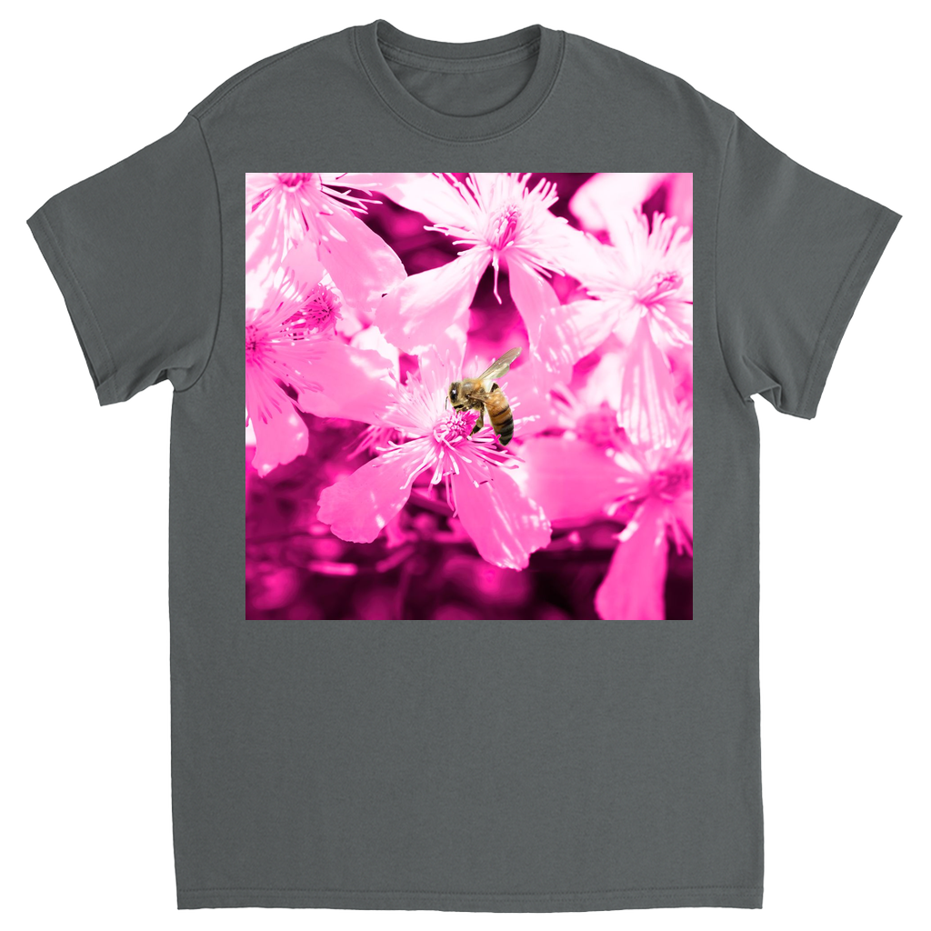 Bee with Glowing Pink Flowers Unisex Adult T-Shirt Charcoal Shirts & Tops apparel