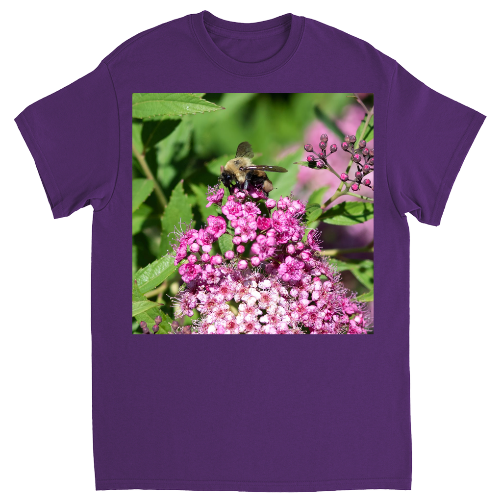 Bumble Bee on a Mound of Pink Flowers Unisex Adult T-Shirt Purple Shirts & Tops apparel