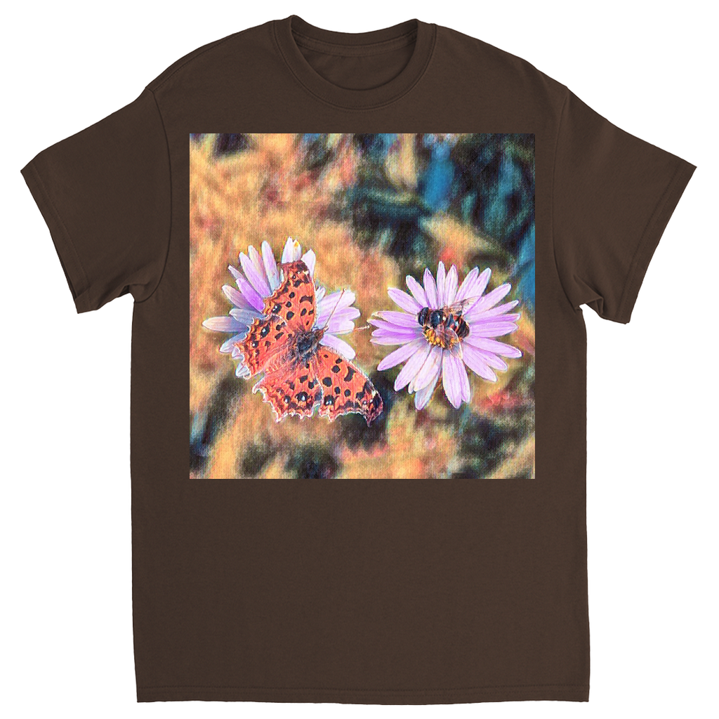 Vintage Butterfly & Bee on Purple Flower Unisex Adult T-Shirt Dark Chocolate Shirts & Tops apparel