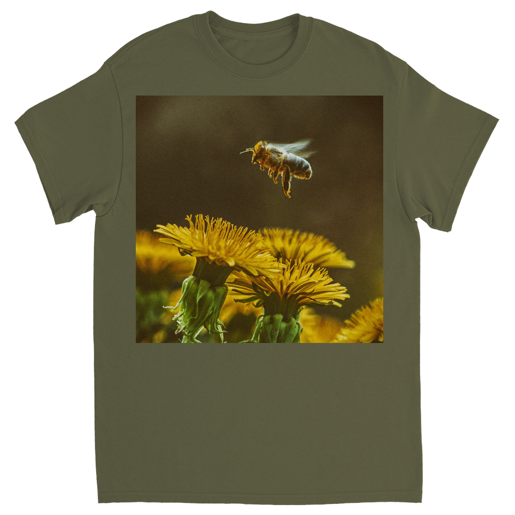 Golden Bee Hovering Over Flower Unisex Adult T-Shirt Military Green Shirts & Tops