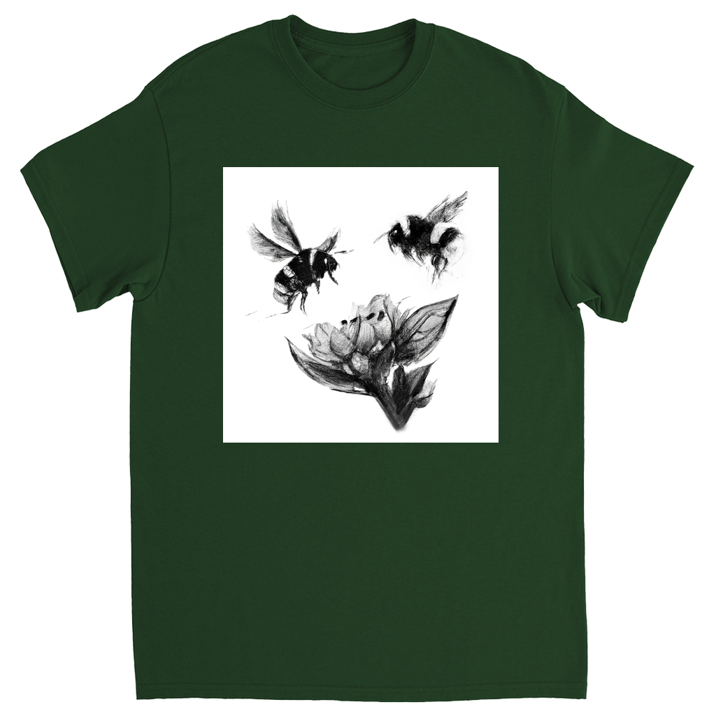 Ink Wash Bumble Bees Unisex Adult T-Shirt Forest Green Shirts & Tops apparel Ink Wash Bumble Bees