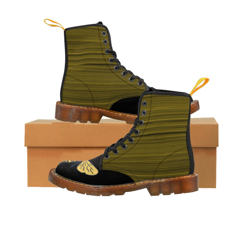 Deep Yellow Doodle Bee Painted Men's Canvas Boots Brown Shoes Bee boots combat boots Mens boots mens fashion boots mens shoes original art boots Shoes unique mens boots vegan boots vegan combat boots