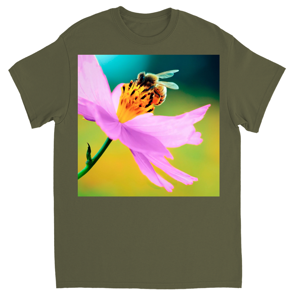 Bee on Delicate Purple Flower Unisex Adult T-Shirt Military Green Shirts & Tops apparel