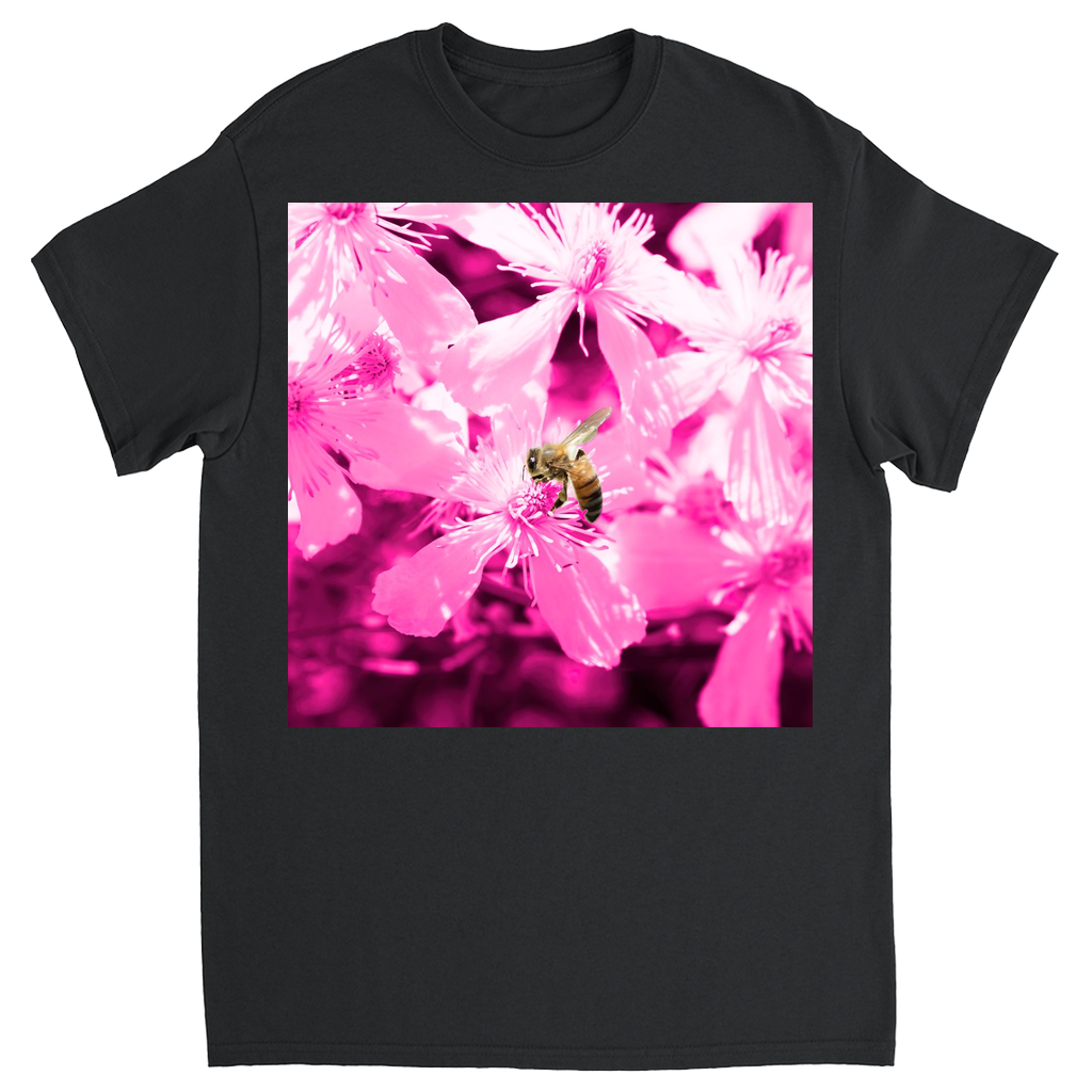 Bee with Glowing Pink Flowers Unisex Adult T-Shirt Black Shirts & Tops apparel