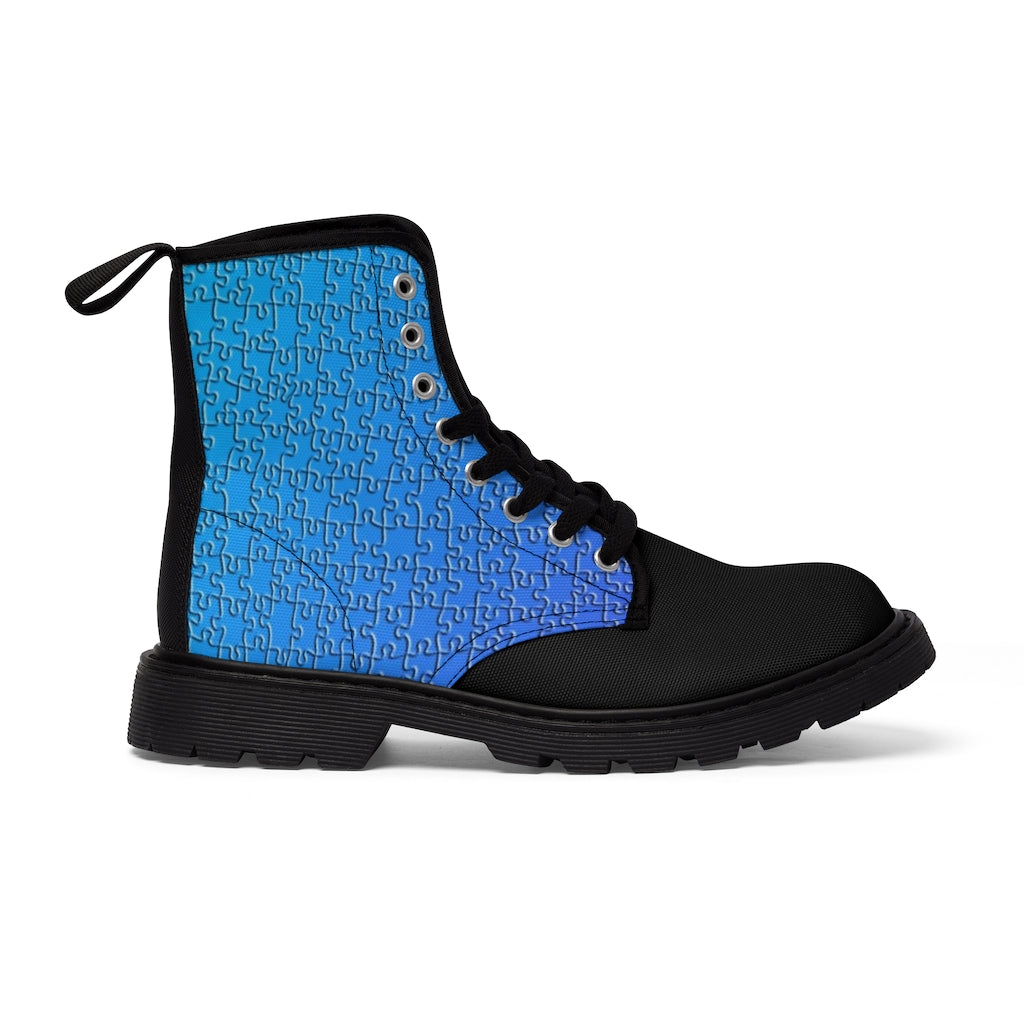 Blue Bee Puzzle Women's Canvas Boots Shoes Bee boots Blue boots Puzzle boots Shoes unique womens boots vegan boots vegan combat boots womens boots womens fashion boots