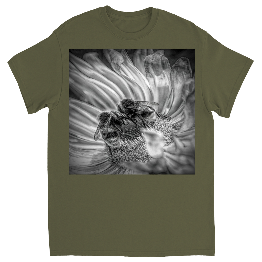 Black and White Bees on Flower Unisex Adult T-Shirt Military Green Shirts & Tops apparel
