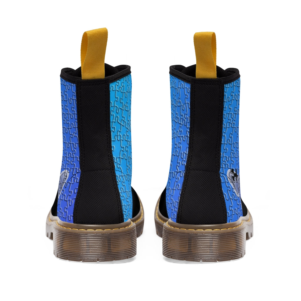 Blue Bee Puzzle Women's Canvas Boots Shoes Bee boots Blue boots Puzzle boots Shoes unique womens boots vegan boots vegan combat boots womens boots womens fashion boots