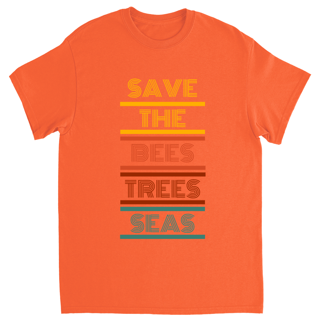 Vintage 70s Save the Bees Trees Seas Unisex Adult T-Shirt Orange Shirts & Tops