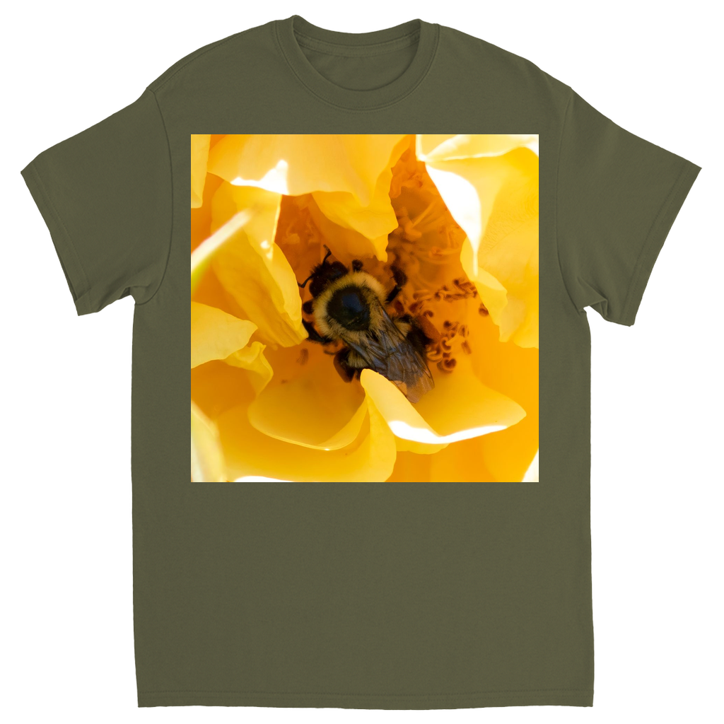 Bee in a Yellow Rose Unisex Adult T-Shirt Military Green Shirts & Tops apparel