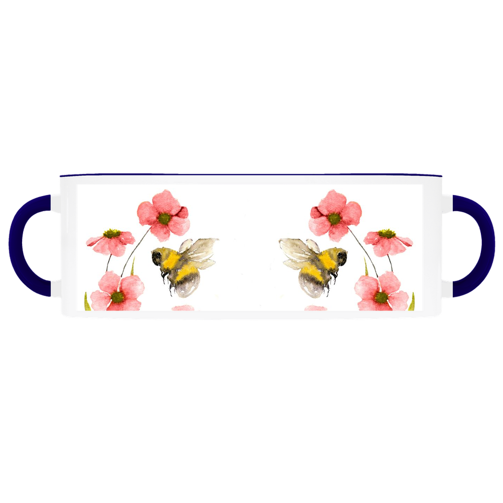 Classic Watercolor Bee with Pink Flowers Accent Mug 11 oz White With Dark Blue Accents Coffee & Tea Cups gifts