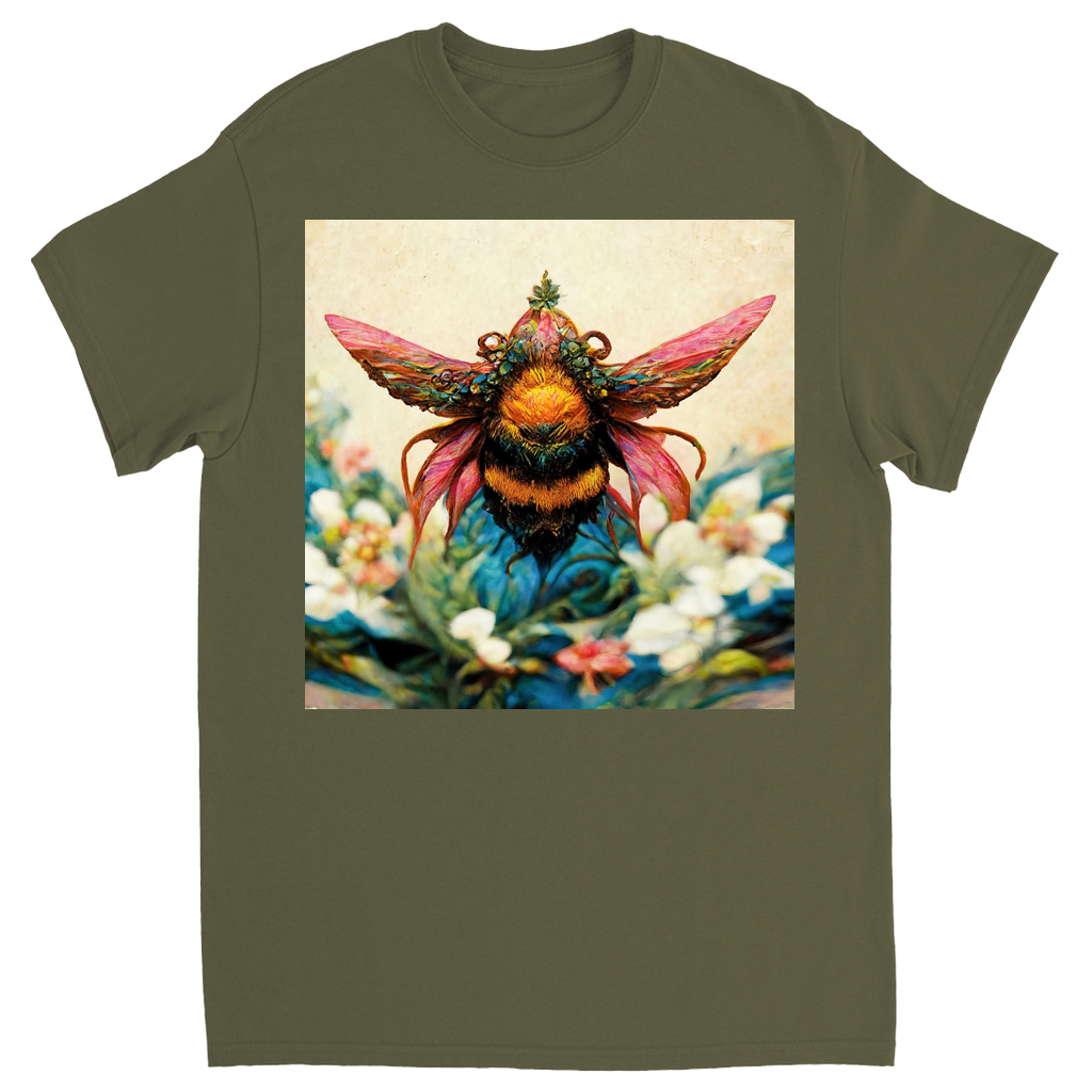 Fantasy Bee Hovering on Flower Unisex Adult T-Shirt Military Green Shirts & Tops apparel Fantasy Bee Hovering on Flower