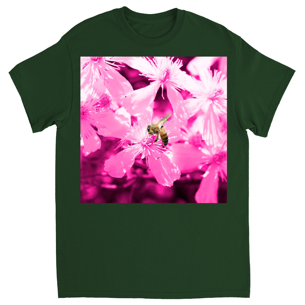Bee with Glowing Pink Flowers Unisex Adult T-Shirt Forest Green Shirts & Tops apparel