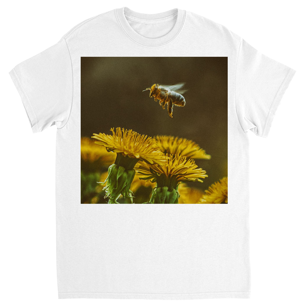 Golden Bee Hovering Over Flower Unisex Adult T-Shirt White Shirts & Tops